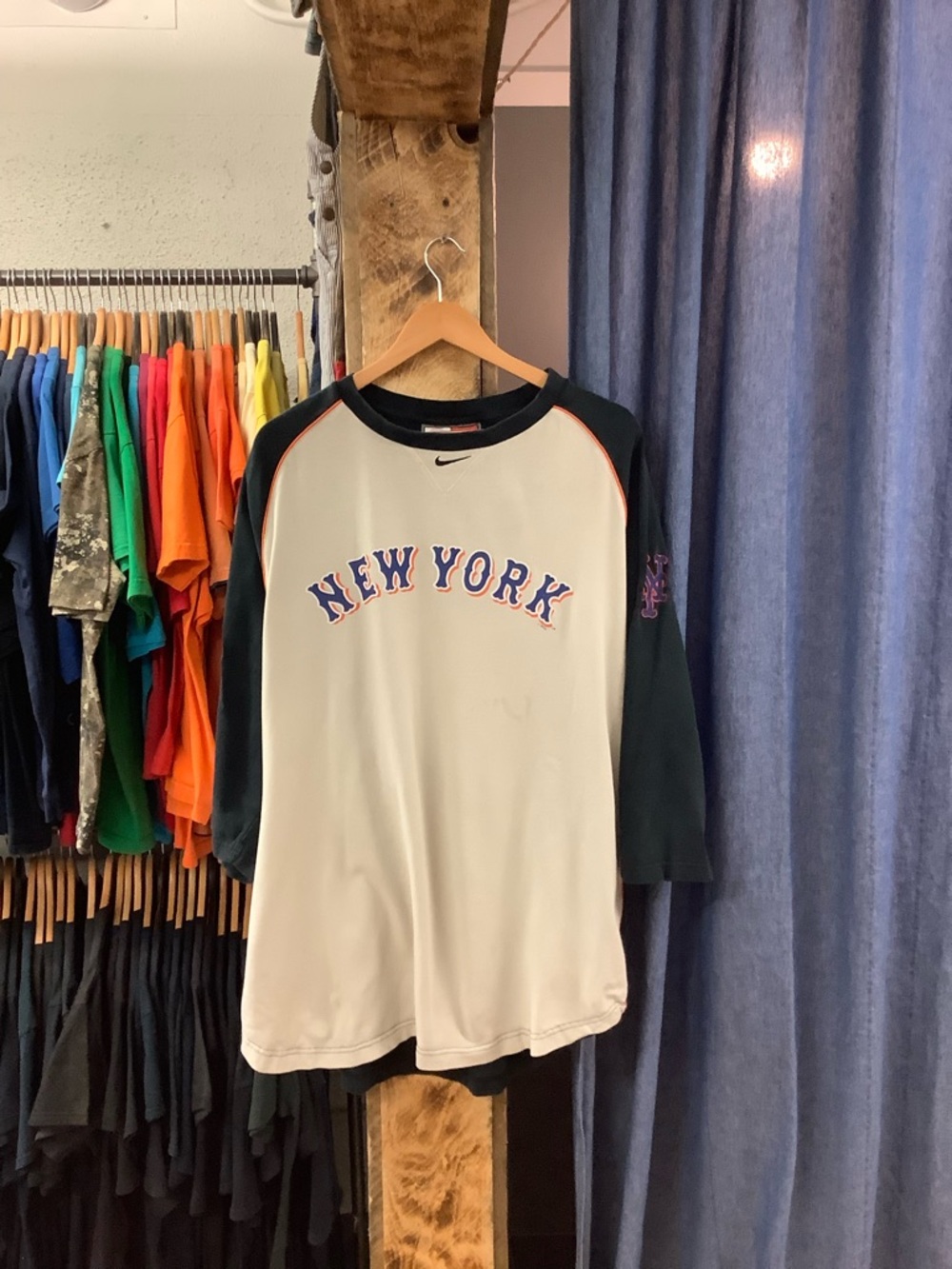 Nike White Baseball Raglan Tee with Navy Sleeves and Orange Piping